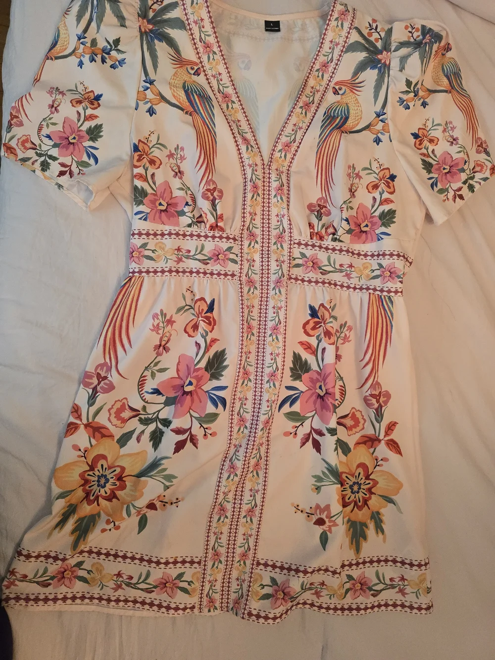 SHEIN Cream Floral Embroidered V-Neck Dress with Multicolor Parrot Motif